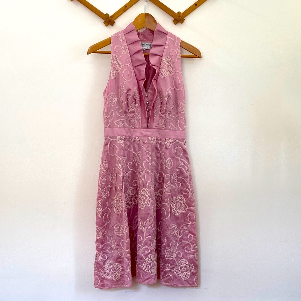Kay Unger Pink Silk Cotton Embroidered Ruffle Midi Dress Sz 2
